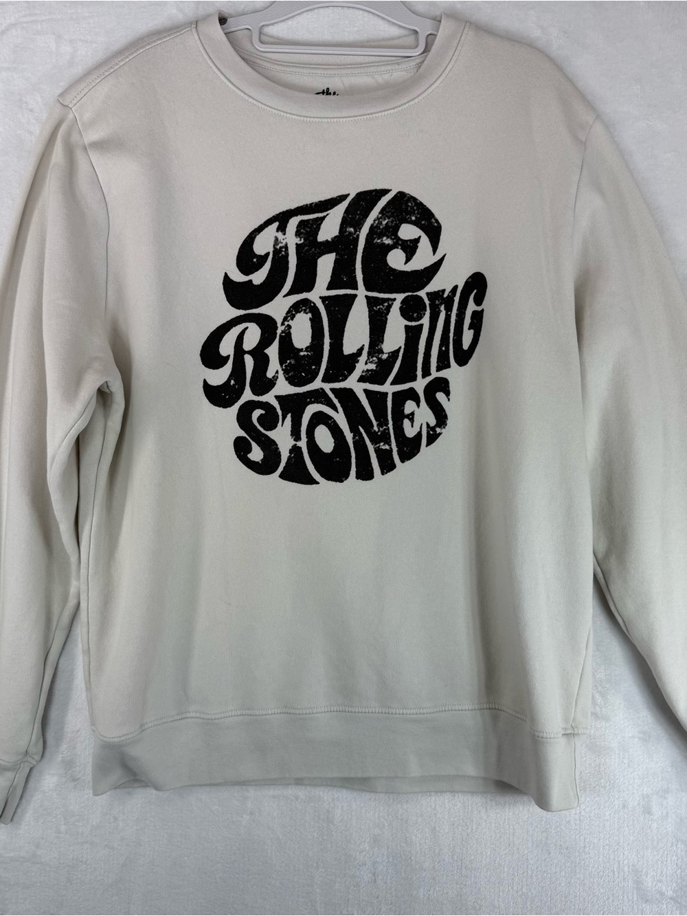 the Rolling Stones Cream Crewneck with Black Distressed Logo Circle